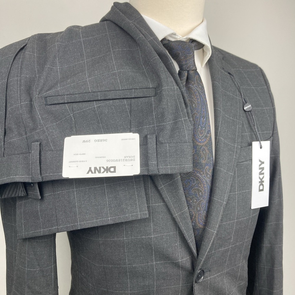 DKNY Mens Modern Fit 2 Piece Suit 36R 29W 32L Charcoal Plaid - Picture 8 of 8